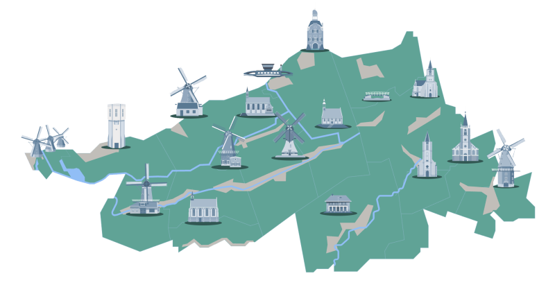 Kaart van de gemeente Molenlanden met pictogrammen van dorpen en duurzame oplossingen