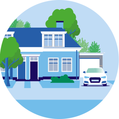 de afbeelding bevat een twee onder &eacute;&eacute;n kap woning met op de voorgrond een Tesla