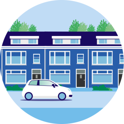 de afbeelding bevat een rijtjeshuis met op de voorgrond een auto