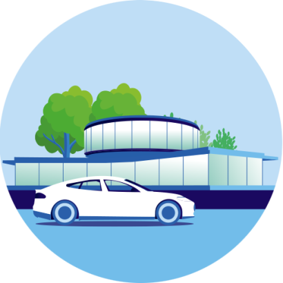 de afbeelding bevat een kantoor met op de voorgrond een Tesla