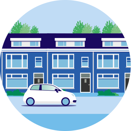 de afbeelding bevat een rijtjeshuis met op de voorgrond een auto