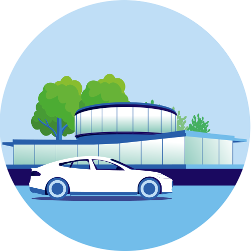 de afbeelding bevat een kantoor met op de voorgrond een Tesla