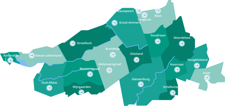 Kaart van de gemeente Molenlanden met pictogrammen van dorpen en duurzame oplossingen