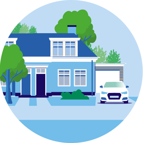 de afbeelding bevat een twee onder &eacute;&eacute;n kap woning met op de voorgrond een Tesla