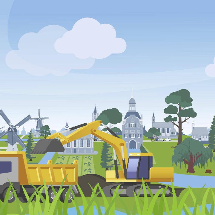 Landschap met rivier en dijk met op de voorgrond werkzaamheden om de dijk te verhogen ter illustratie van waterveiligheid in gemeente Molenlanden