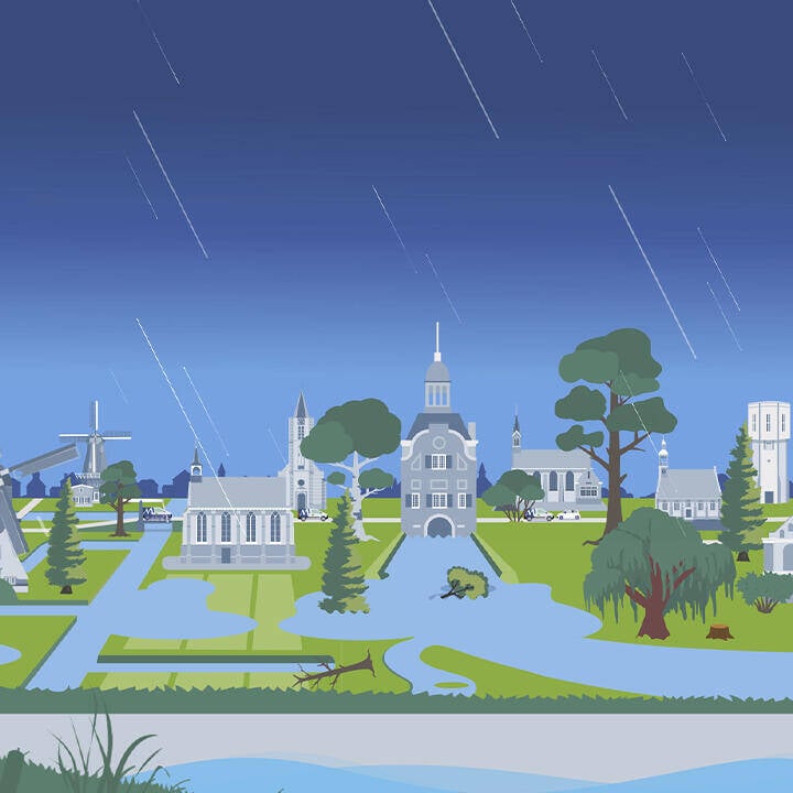 Landschap met rivier en dijk dat gebukt gaat onder overmatige regen, waardoor er overstromingen ontstaan ter illustratie van watreoverlast in gemeente Molenlanden