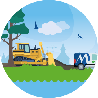 Illustratie van een bulldozer die aan het ophogen van een dijk werkt.