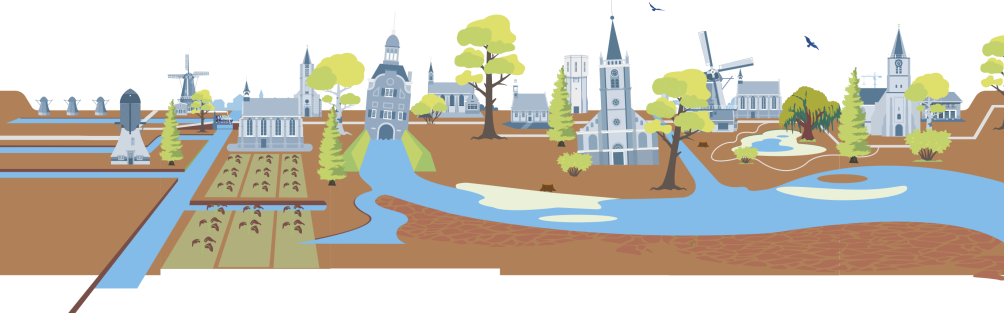 landschap met verdorde planten en bomen, opgedroogde rivieren en verzakte gebouwen ter illustratie van droogte en bodemdaling.