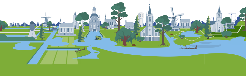 Landschap met rivier en dijk dat gebukt gaat onder overmatige regen, waardoor er overstromingen ontstaan ter illustratie van watreoverlast in gemeente Molenlanden