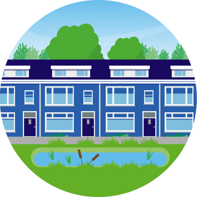 Illustratie van een wadi in een woonwijk