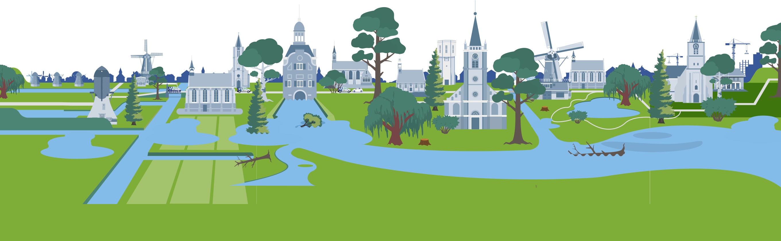 Landschap met rivier en dijk dat gebukt gaat onder overmatige regen, waardoor er overstromingen ontstaan ter illustratie van watreoverlast in gemeente Molenlanden