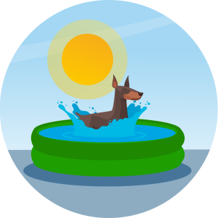 illustratie van een hond die verkoeling zoekt in een zwembadje.
