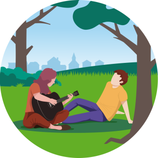 illustratie van mensen die schaduw en verkoeling zoeken in een park.