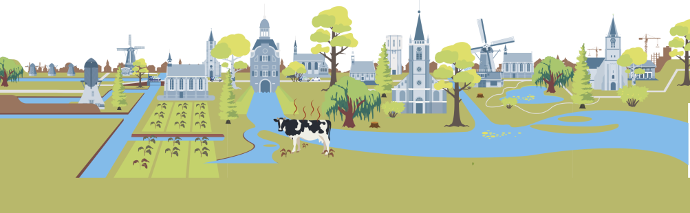 skyline Molenlanden met markante gebouwen. Verdorde planten, laag water, geel gras ter illustratie van hittestress