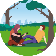 illustratie van mensen die schaduw en verkoeling zoeken in een park.