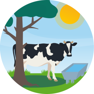 illustratie van een koe die in de schaduw van een boom staat bij een waterbak.