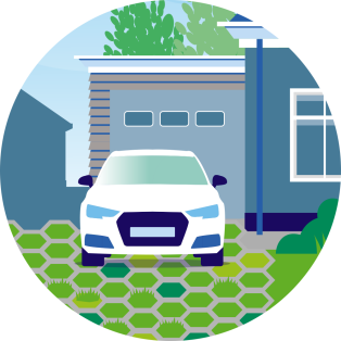 illustratie van waterdoorlatende bestrating bij een parkeerplaats aan huis.