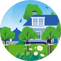 illustratie nieuw aangeplante bomen en planten in de tuin