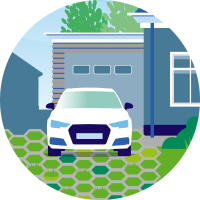 illustratie van waterdoorlatende bestrating bij een parkeerplaats aan huis.