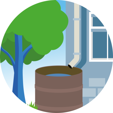 illustratie van een afgekoppelde regenpijp met daaronder een regenton