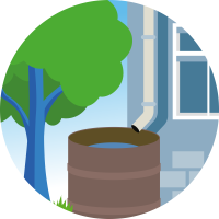 illustratie van een afgekoppelde regenpijp met daaronder een regenton