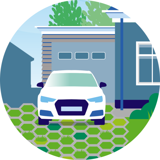 illustratie van waterdoorlatende bestrating bij een parkeerplaats aan huis.
