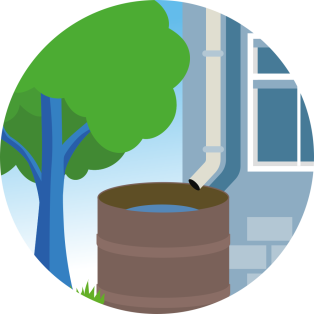 illustratie van een afgekoppelde regenpijp met daaronder een regenton