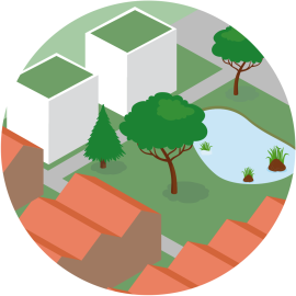 Illustratie van groen daken en wateropvang (wadi)