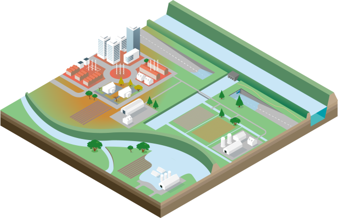 Illustratie van een woonwijk en omgeving met gevolgen van klimaatverandering zoals hitte, droogte en wateroverlast