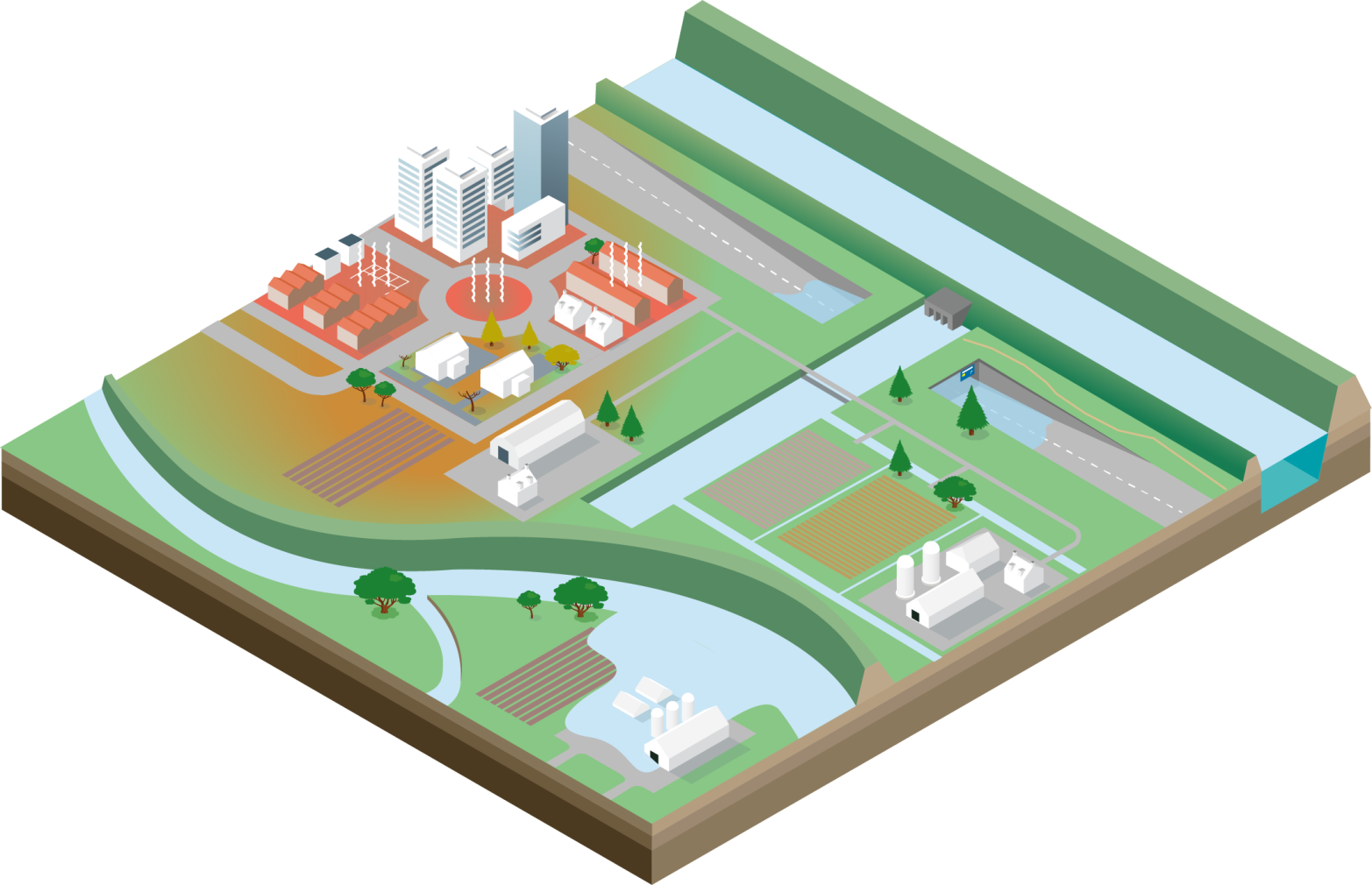 Illustratie van een woonwijk en omgeving met gevolgen van klimaatverandering zoals hitte, droogte en wateroverlast
