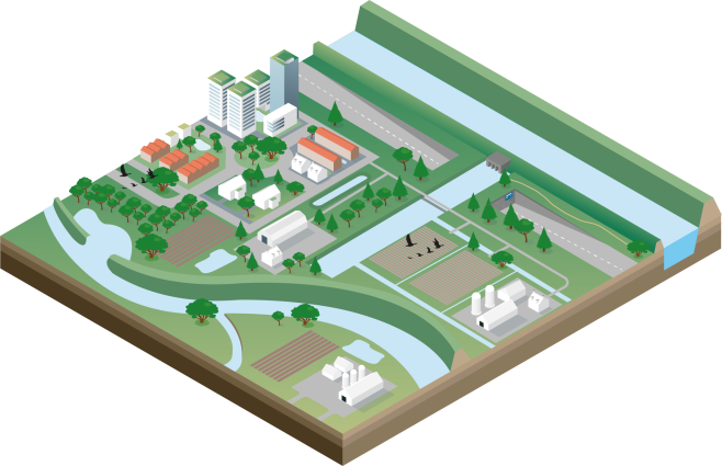 Illustratie van een woonwijk en omgeving met gevolgen van klimaatverandering zoals hitte, droogte en wateroverlast