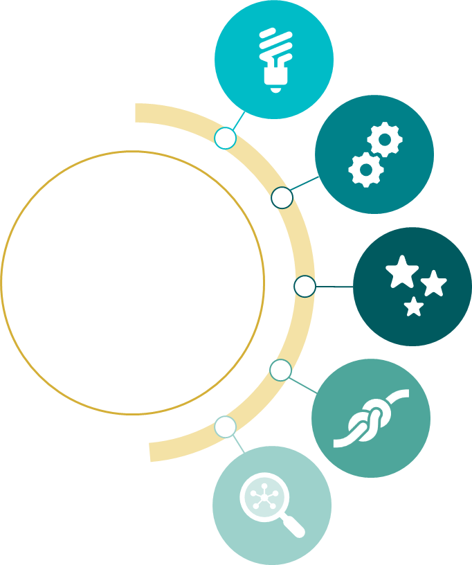 Afbeelding van de consultancy mindset. Het is een afbeelding van een soort halve spin met 5 punten. Op elke punt staat een illustratie die een punt illustreert.