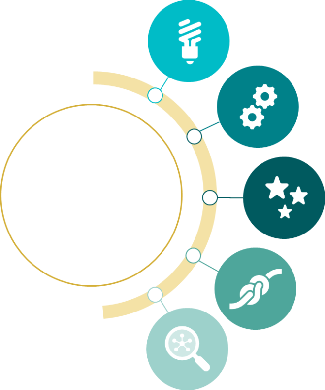 Afbeelding van de consultancy mindset. Het is een afbeelding van een soort halve spin met 5 punten. Op elke punt staat een illustratie die een punt illustreert.