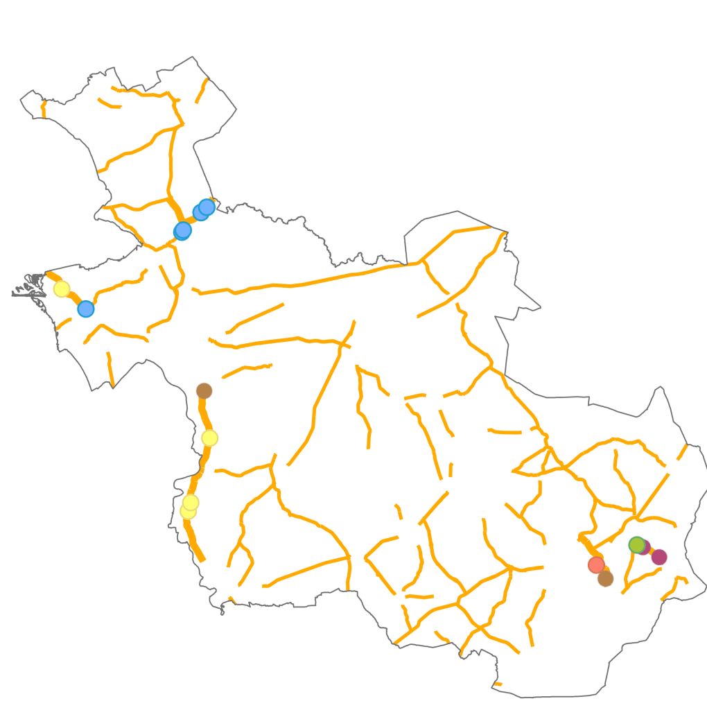Kaart van Overijssel met stippen op plekken waar maatregelen zijn genomen voor natuurinclusieve infrastructuur