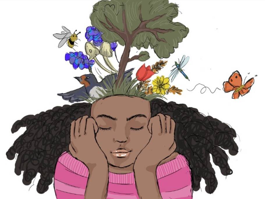 Een illustratie van een meisje die denkt aan natuur. Uit haar hoofd komt een boom en vlinders en bloemen. Ze kijkt dromerig.