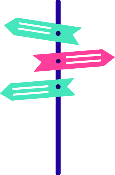 Een wegwijzer met meerdere richtingen, elk bordje in een andere kleur (groen, turquoise, roze).
