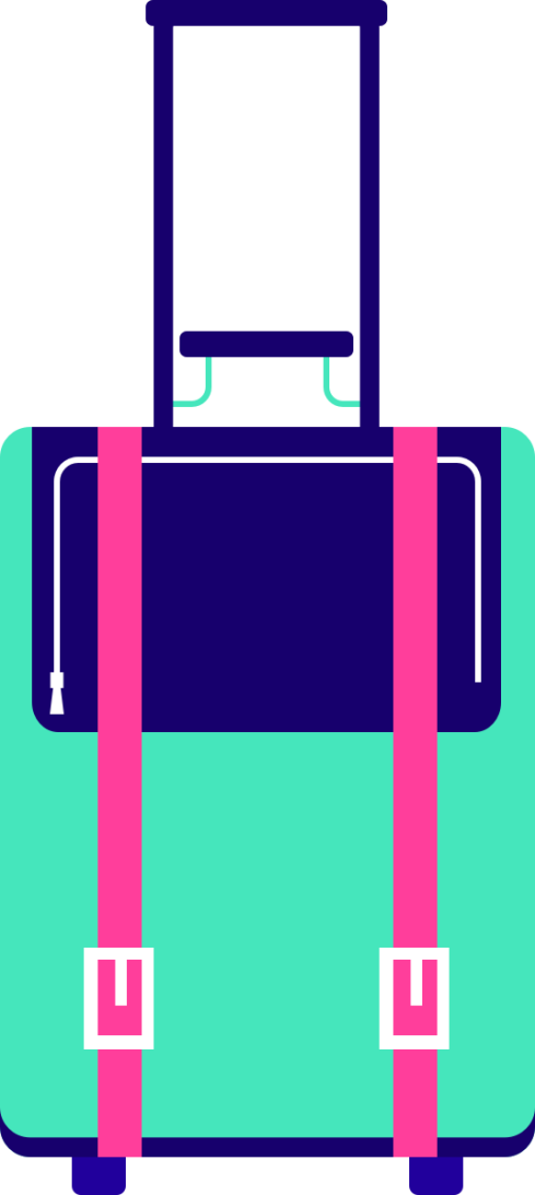 Een koffer met uitgeschoven handvat in turquoise en donkerblauw, met roze accenten.