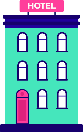 Een hotelgebouw met drie verdiepingen, turquoise gevel en donkerblauw dak, met een roze bord waarop &ldquo;HOTEL&rdquo; staat.