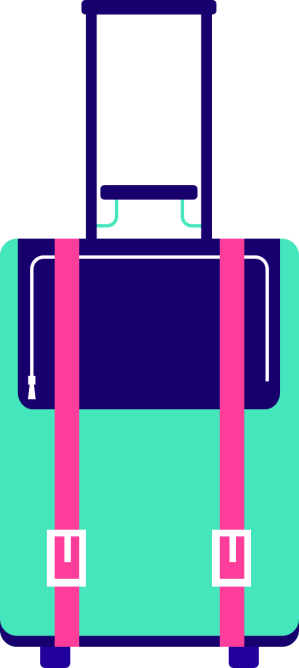 Een koffer met uitgeschoven handvat in turquoise en donkerblauw, met roze accenten.